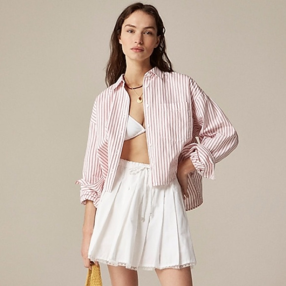 J. Crew Etienne Crop Button Up Shirt XS Oversized Fit Red Stripe $98 Retail